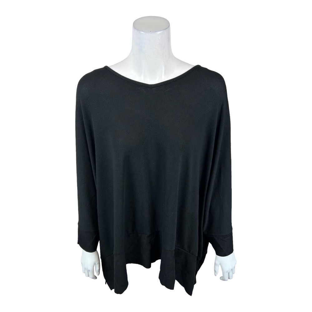 StyleList by Micaela Faux Suede Trim Poncho Style Knit Top Black 1X Plus Size